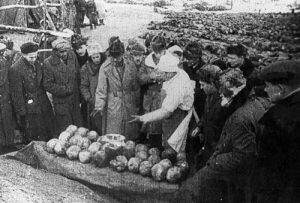 Grupa osób ogląda czaszki. W tle dziesiątki ciał wydobytych z dołów śmierci. Zdjęcie z prac tak zwanej komisji Burdenki, która przedstawiając ekspertom przygotowane wcześniej dowody, forsowała tezę propagandową ZSRR, że zbrodni dokonali Niemcy.