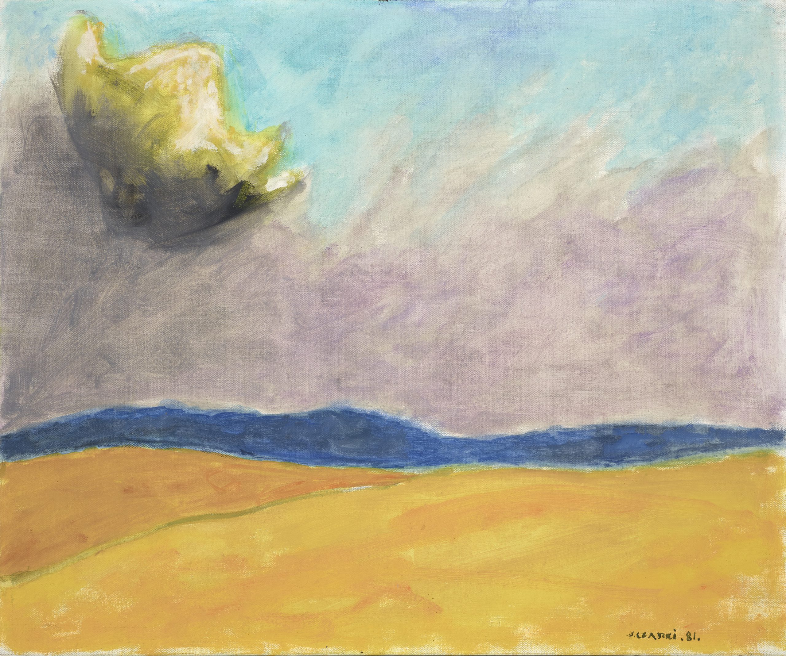 Obraz przedstawiający widok krajobrazu bez punktów charakterystycznych nad którym unosi się tytułowa chmura. Józef Czapski, Nuage èclatè [Lśniąca chmura], 1981, technika olejna, 54 cm x 65 cm