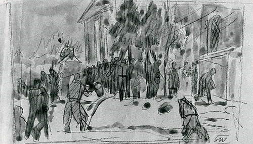 Rysunek tuszem, lawowany przedstawiający ludzi czekających w kolejce po wodę.