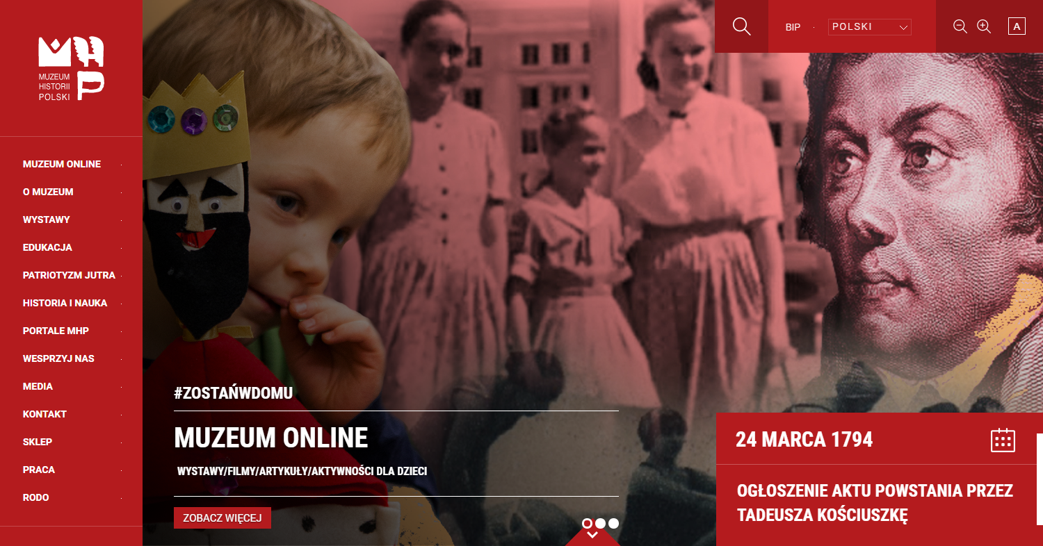 Zrzut ekranu - strona Muzeum Historii Polski. Wśród najważniejszych wątków polskiej historii na kartach portalu zamieszczono wiele cennych wiadomości dotyczących Katynia.