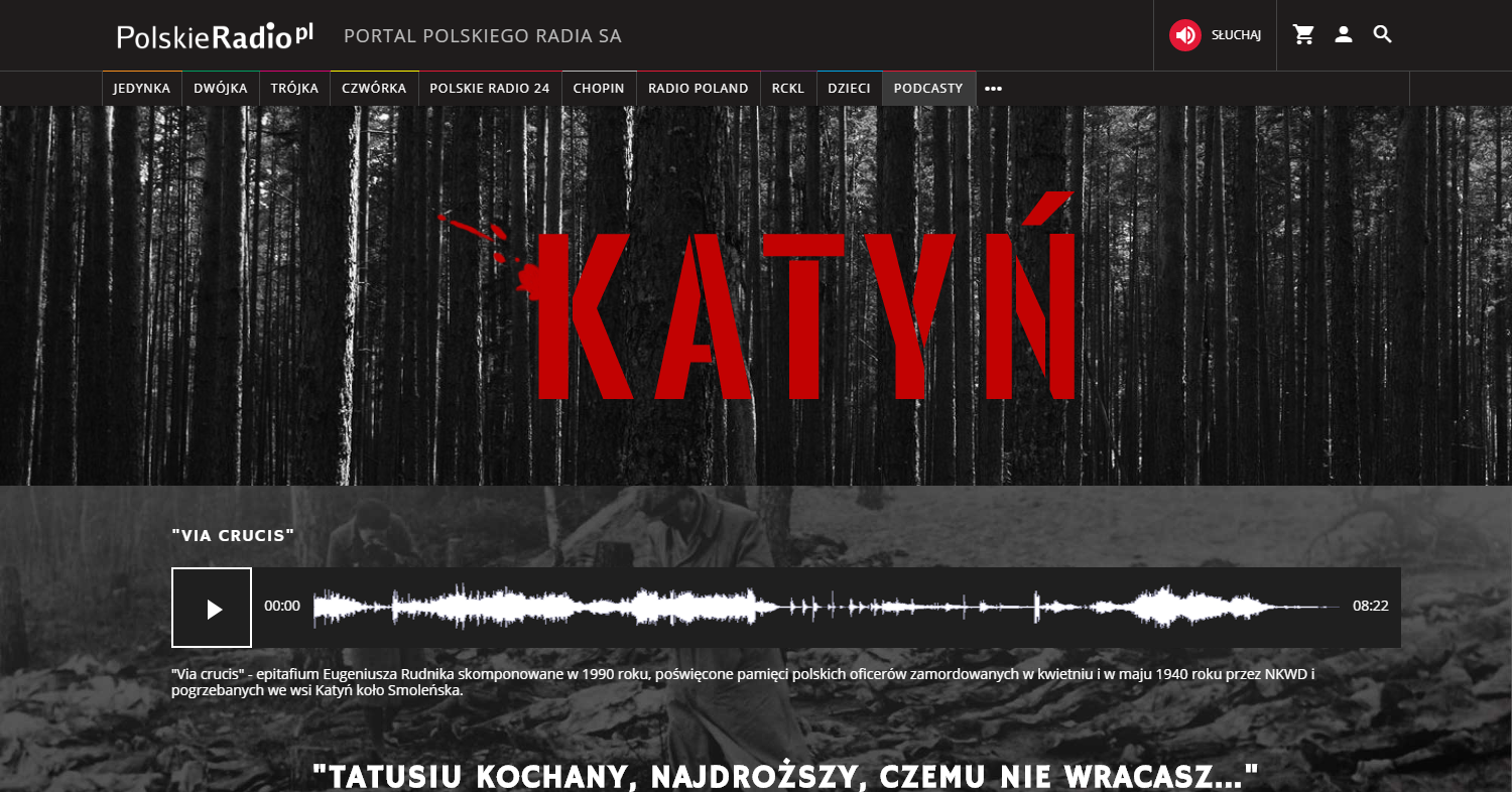 Zrzut ekranu - zakładka katyńska Polskiego Radia, na której zamieszczono przede wszystkim materiały fonograficzne, takie jak audycje radiowe, reportaże i słuchowiska poruszające tematykę Zbrodni Katyńskiej.