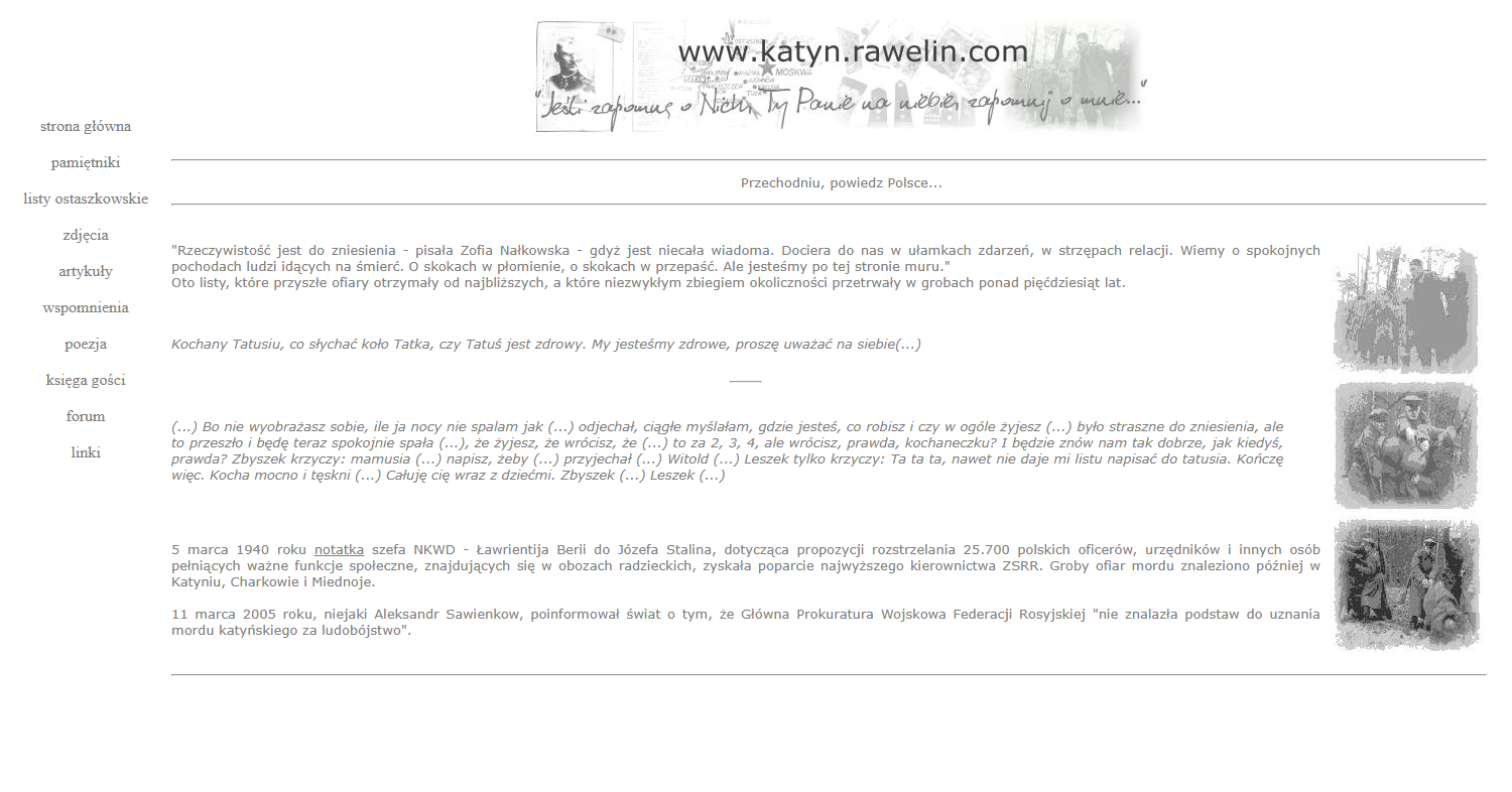Zrzut ekranu - strona Stowarzyszenia „Rawelin” – zbiór pamiętników, wspomnień, listów i artykułów dotyczących Zbrodni Katyńskiej.