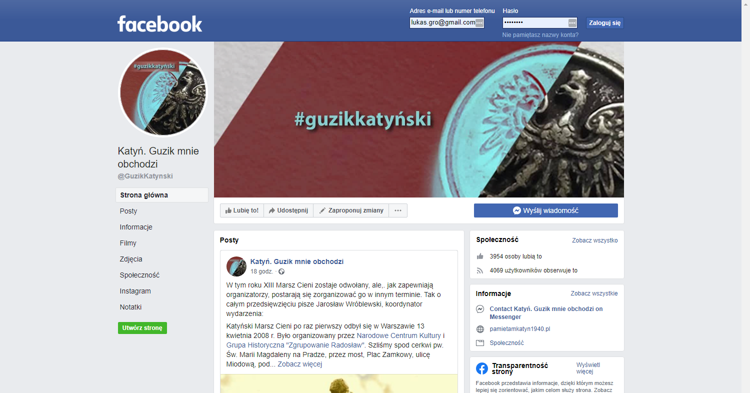 Zrzut ekranu - profil kampanii społecznej Narodowego Centrum Kultury na Facebooku; jego założeniem jest pielęgnowanie pamięci o polskich oficerach zamordowanych przez sowietów.