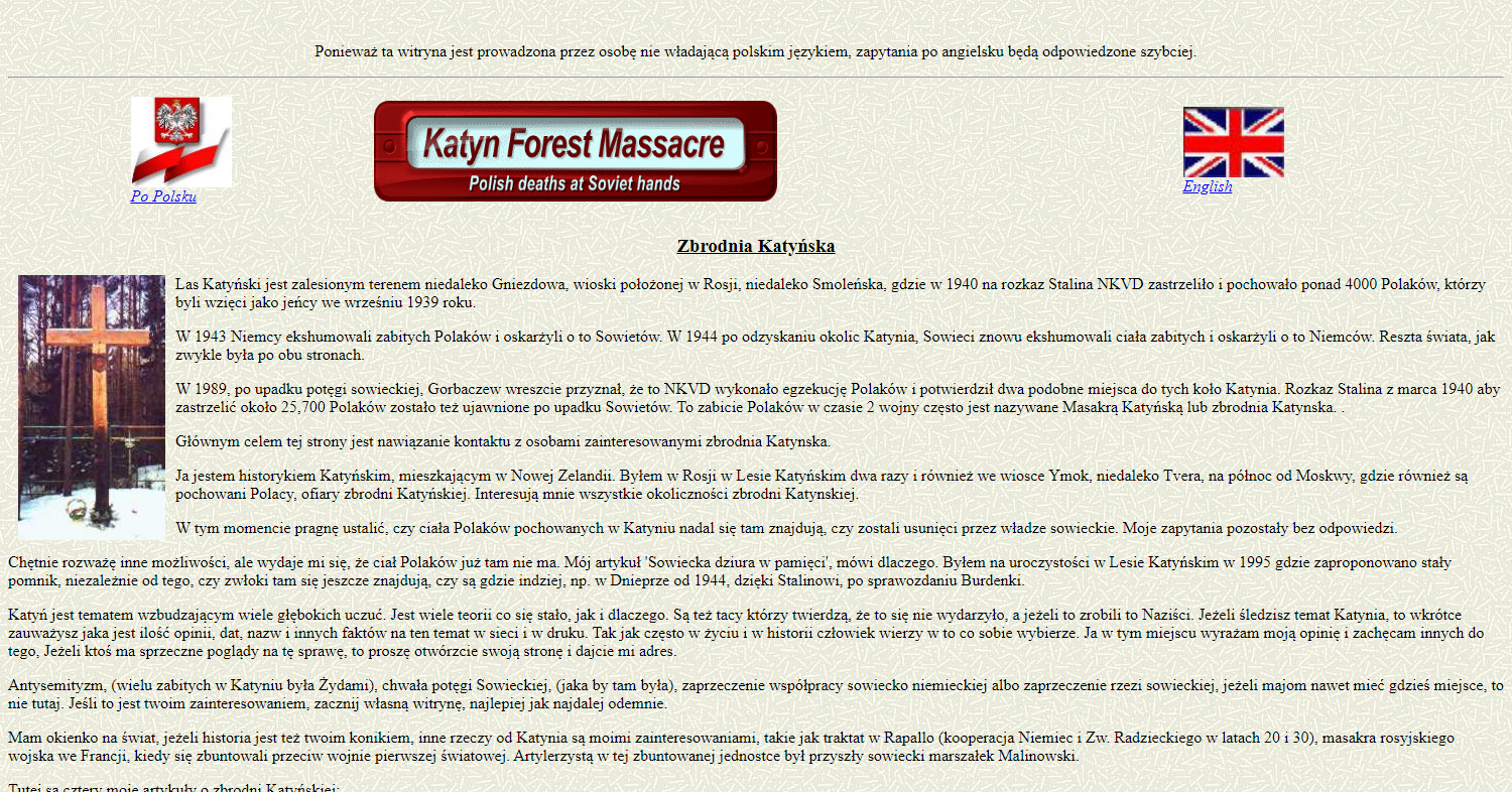 Zrzut ekranu - strona australijska w wersji angielskiej i polskiej, zawierająca odnośniki do stron, publikacji i dokumentów dotyczących Zbrodni katyńskiej po angielsku i w innych językach.