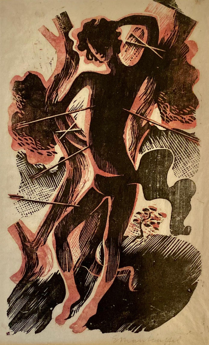 Drzeworyt przedstawiający męczeństwo św. Sebastiana. Mężczyzna przywiązany jest do drzewa. Z jego ciała wystają wbite strzały. Edward Manteuffel, 1933