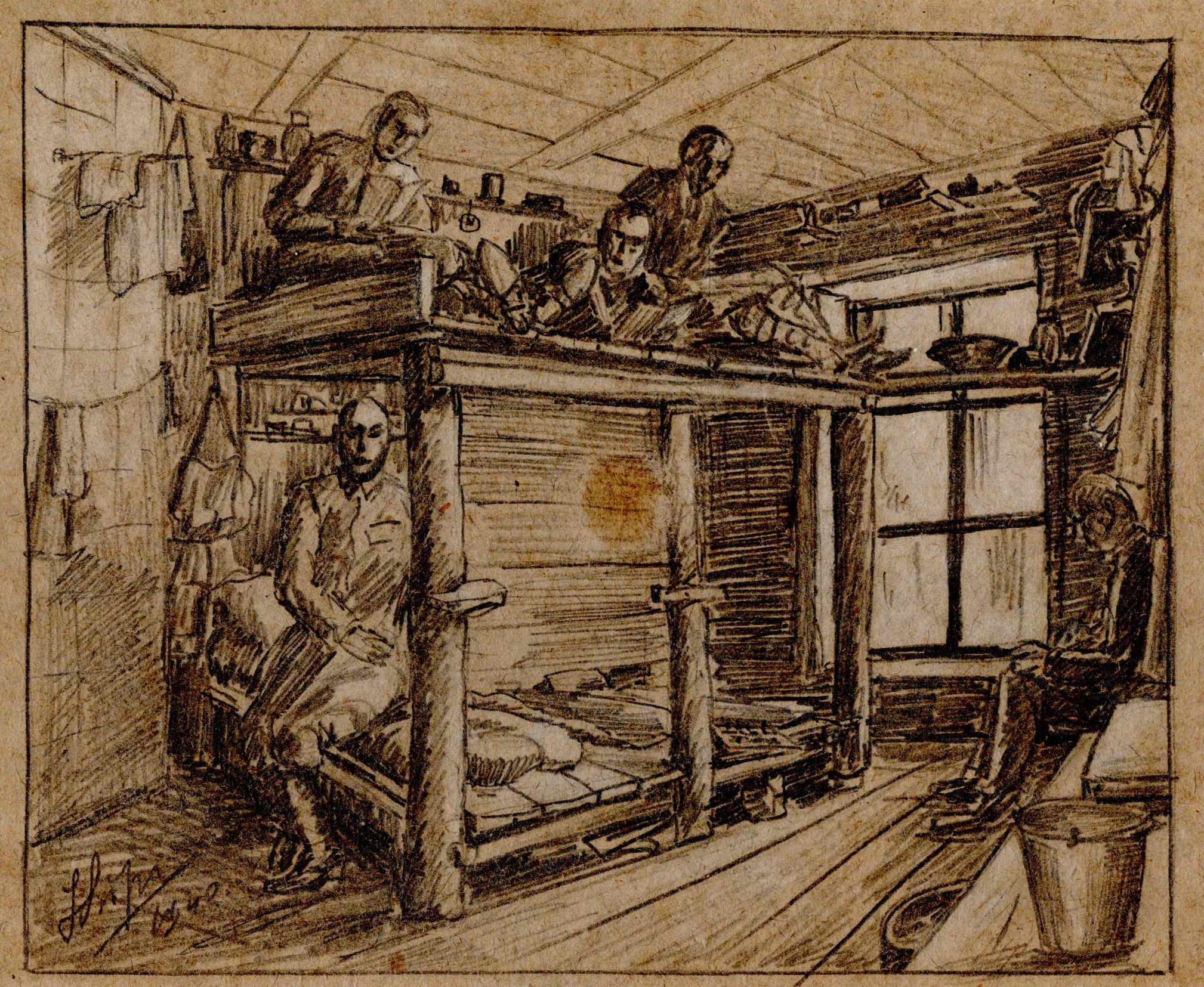 Rysunek ołówkiem. Pomieszczenie z pietrowym łózkiem, na dole siedzi jeden mężczyzna, na górze trzech.