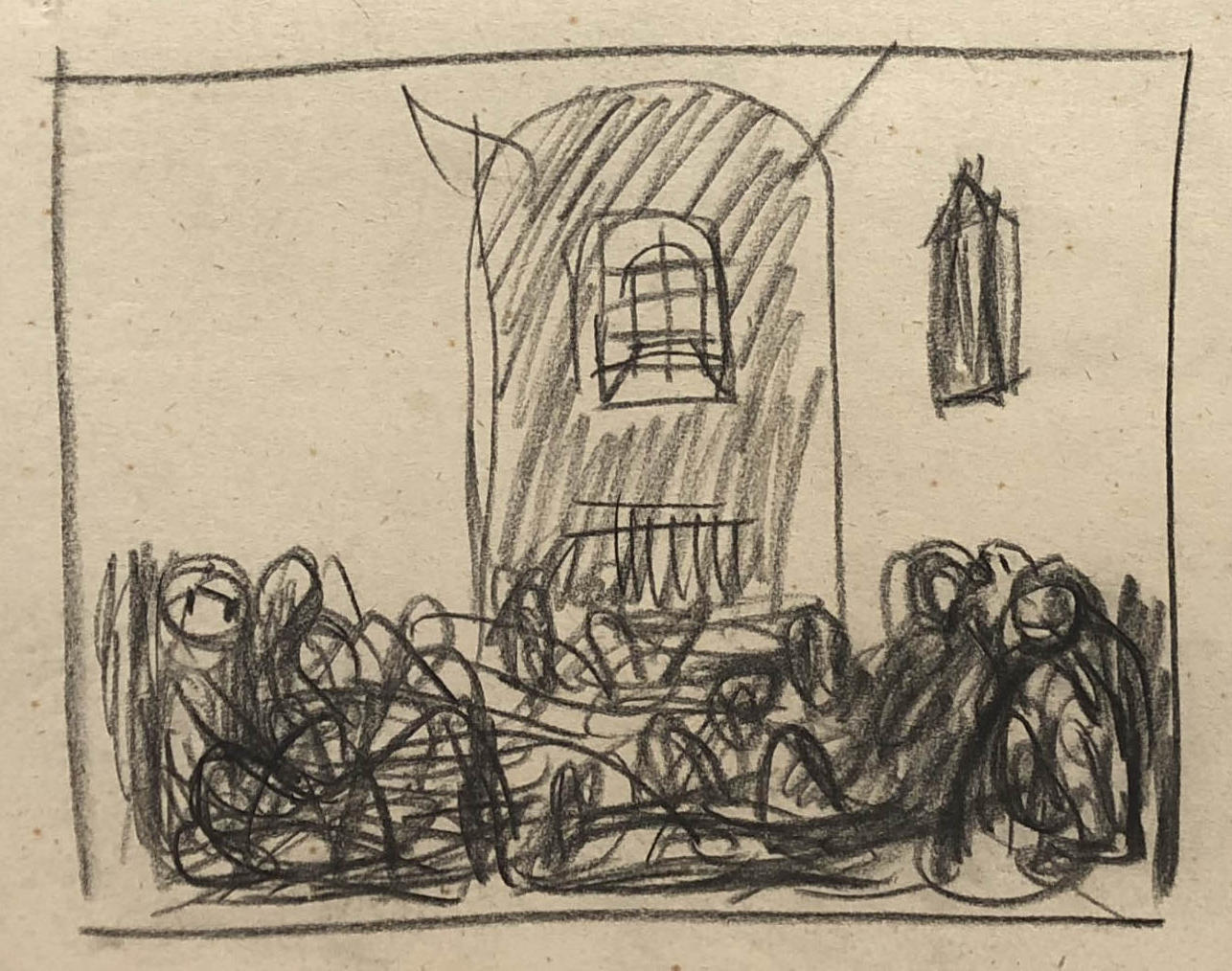 Rysunek ołówiekim. Szkicowo narysowane postacie siedzące na podłodze w celi więziennej.
