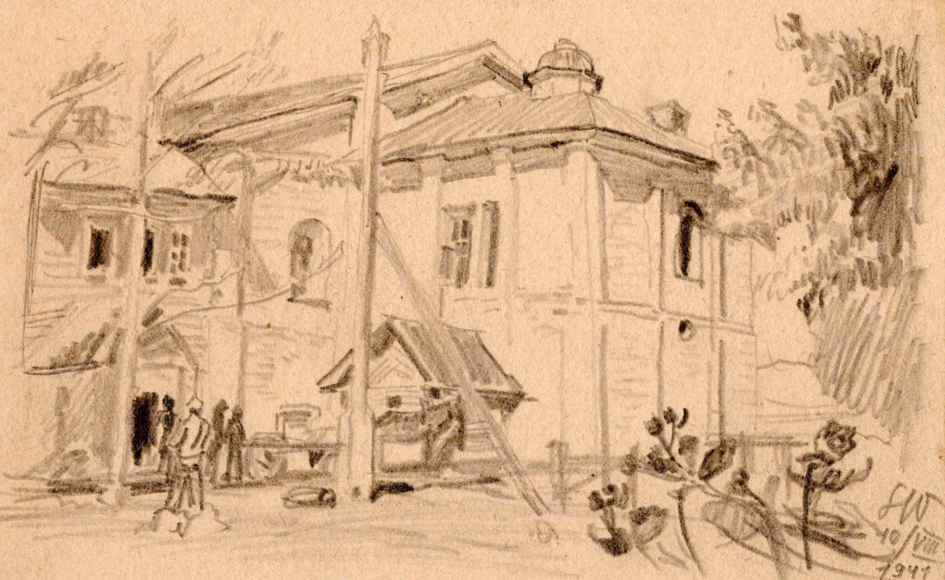 Rysunek ołówkiem, drewniany budynek, przed nim grupka postaci.