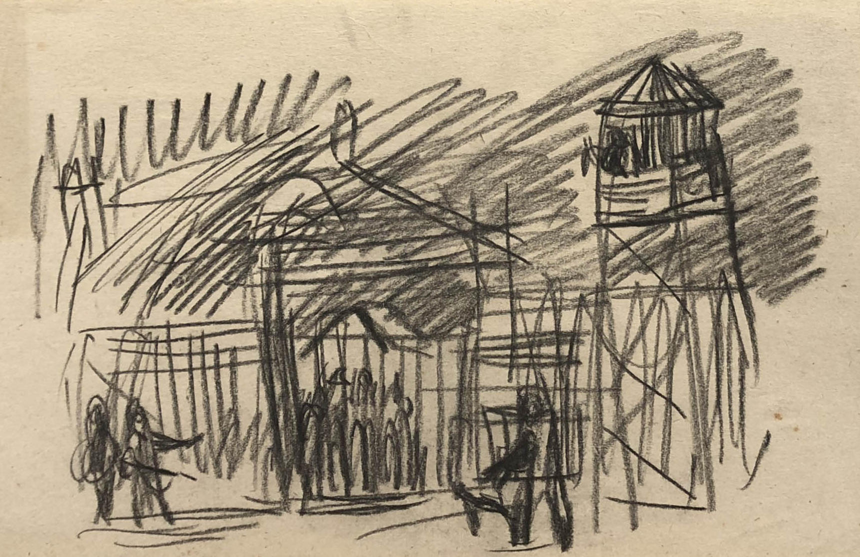 Rysunek przedstawiający bramę do łagru, oraz wieżyczkę strażniczą. Adam Kossowski, rys. ołówkiem, praca stworzona w Londynie w 1943 roku.