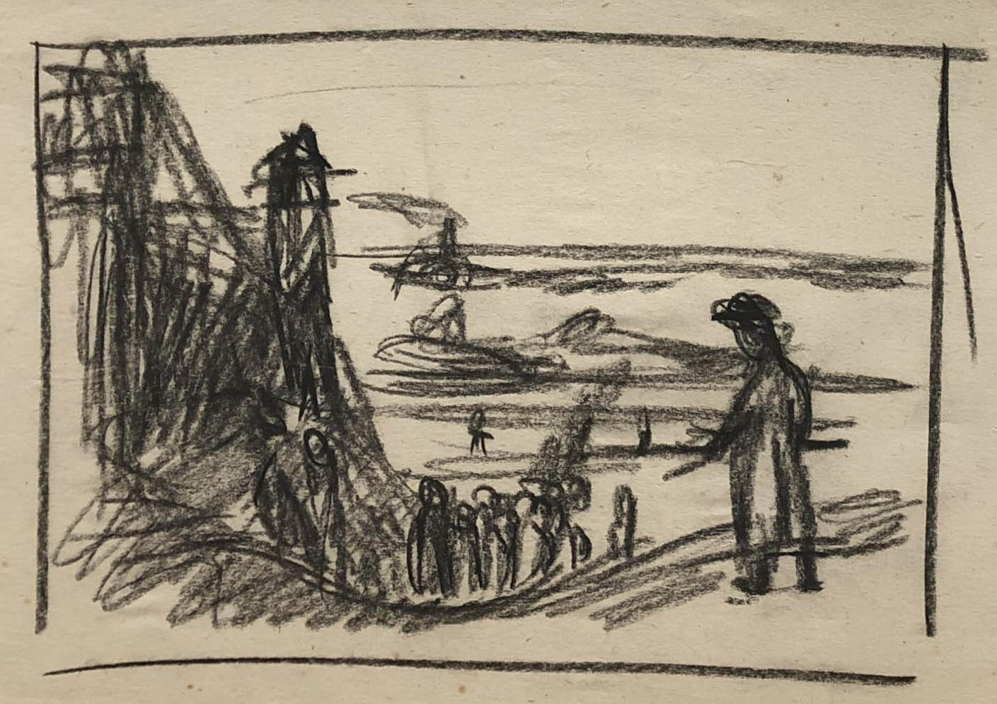 Rysunek przedstawiający więźniów idących do obozu nad Peczorą W oddali widać rzekę i barki. Obóz w Kożwie nad Peczorą, rysunek ołówkiem, Adam Kossowski, praca stworzona w Londynie w 1943 roku. .