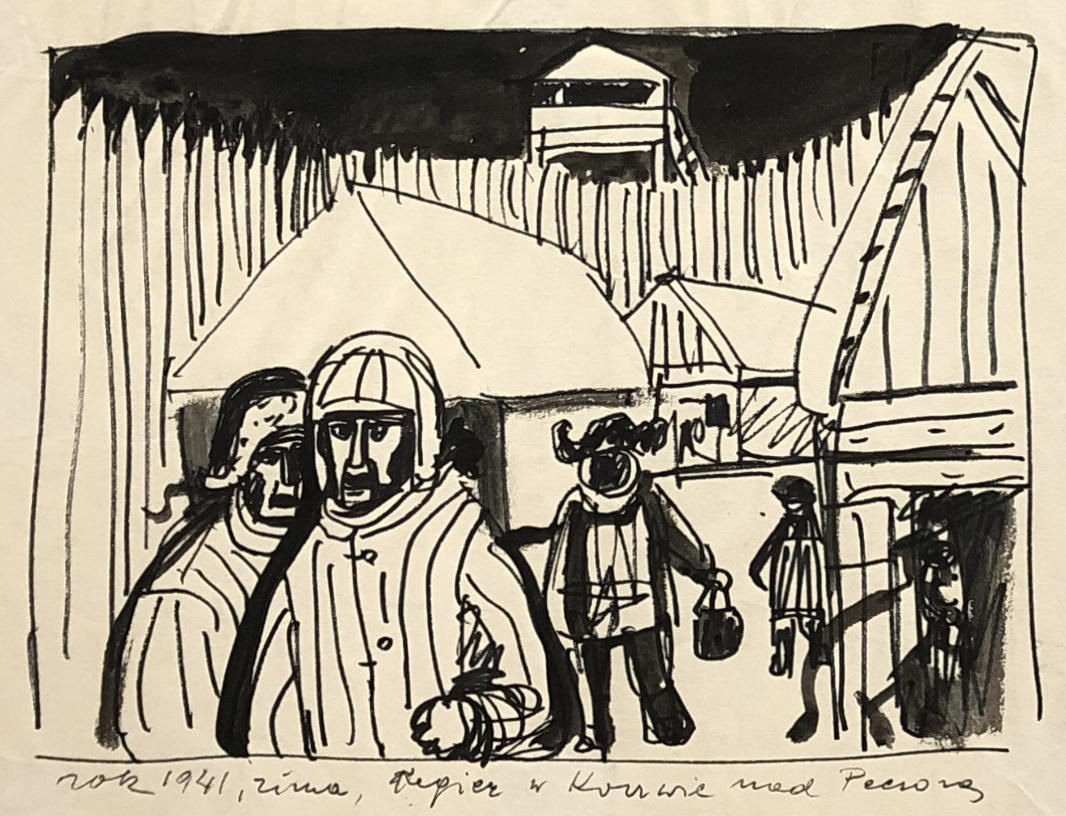 Rysunek tuszem przedstawiąjacy łagier w Kożwie. Na pierwszym planie widać więźniów. W oddali widać baraki, ogrodzenie i wieżyczkę strażniczą. Adam Kossowski, praca stworzona w Londynie w 1943 roku.