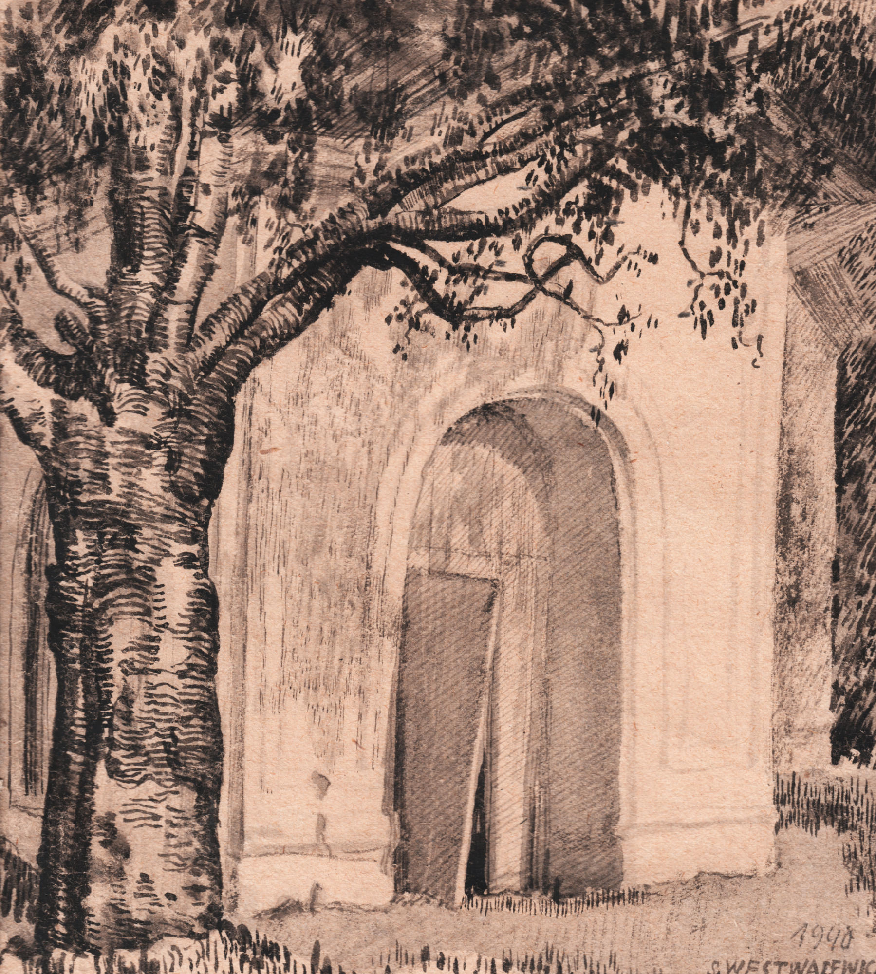 Rysunek ołówkiemi piórkiem. Pień drzewa i wejście do budynku z uchylonymi drzwiami.