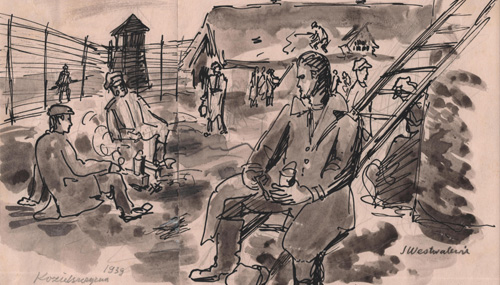 Obraz przedstawiający więźniów spożywających posiłek na powietrzu na terenie obozu. W tle widać ogrodzenie, wieżyczkę strażniczą i budynki. Stanisław Westwalewicz, rys. piórkiem lawowany, obóz w Kozielszczyźnie, 1939