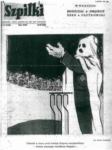 Okładka czasopisma "Szpilki" z 18.03.1952 roku - świadek w kapturze przedstawiony jako hitlerowski prowokator