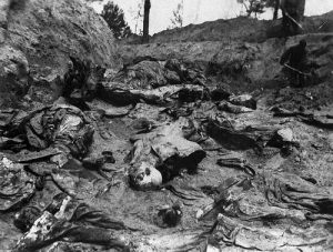 Odkopany dół śmierci z ciałami ofiar Zdjęcie wykonane w czasie ekshumacji w Katyniu w 1943 roku