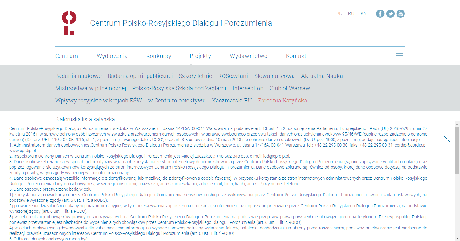 Zrzut ekranu - zakładka strony Centrum Polsko-Rosyjskiego Dialogu i Porozumienia.