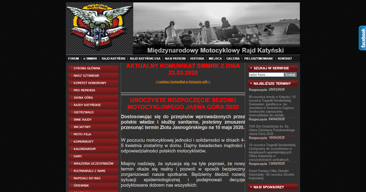Zrzut ekranu - strona Międzynarodowego Motocyklowego Rajdu Katyńskiego, na której czynni motocykliści zgromadzili informacje na temat pielgrzymek do miejsc pamięci związanych ze Zbrodnią Katyńską.