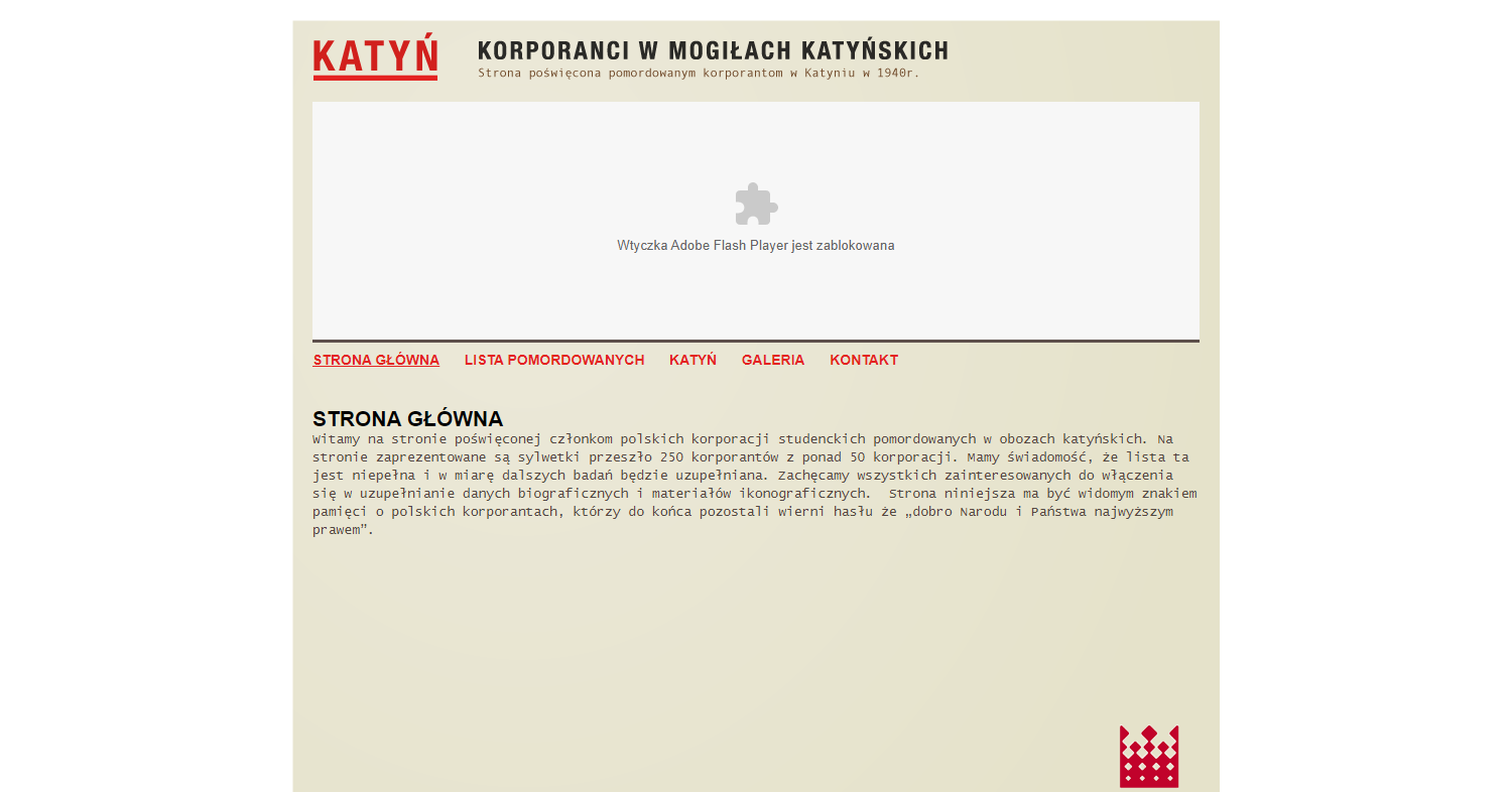 Zrzut ekranu - strona poświęcona zamordowanym w Katyniu korporantom – członkom polskich korporacji akademickich, prezentująca sylwetki przeszło dwustu pięćdziesięciu studentów z ponad pięćdziesięciu korporacji.