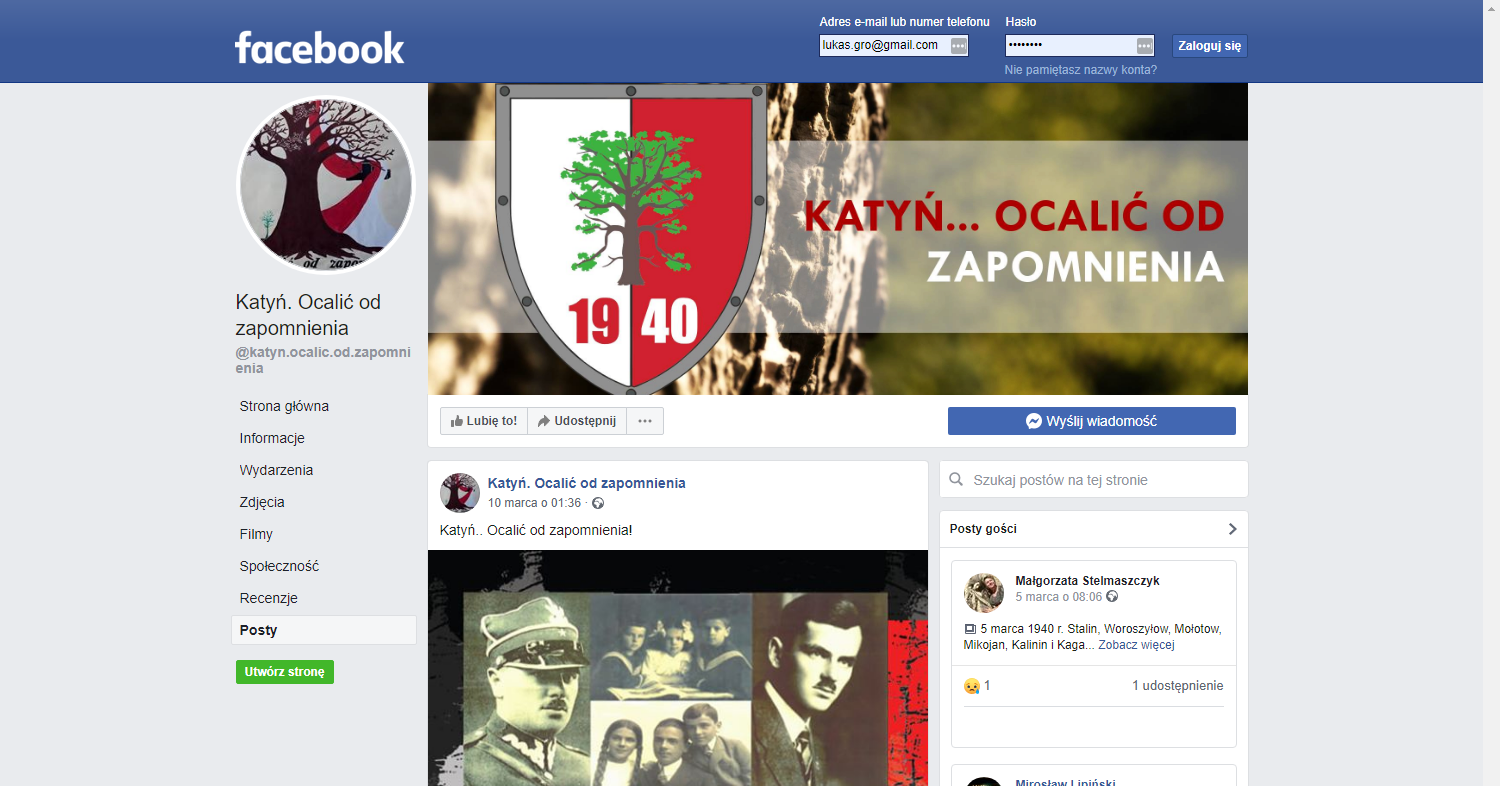 Zrzut ekranu - profil na Facebooku, promujący akcję sadzenia katyńskich Dębów Pamięci.