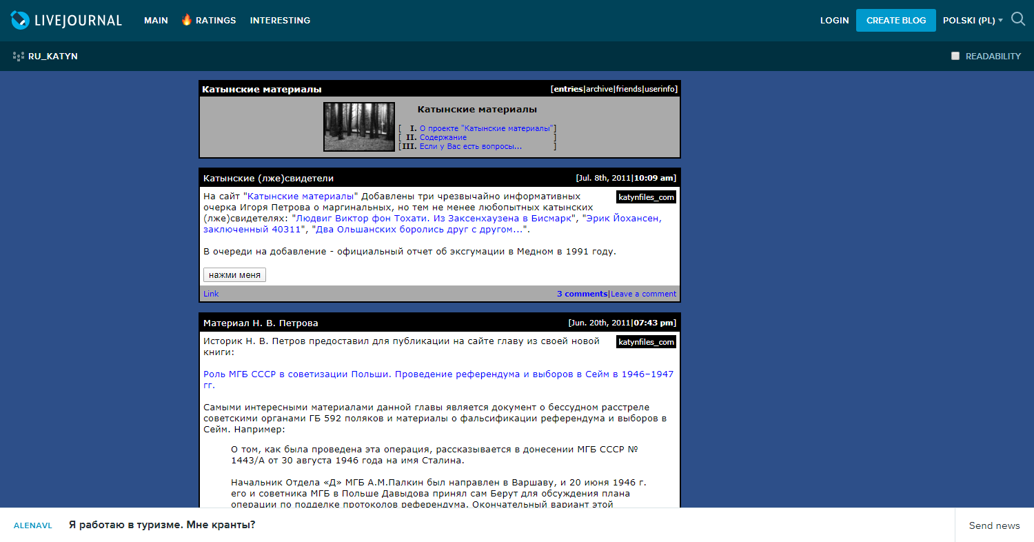 Zrzut ekranu pokazujący archiwalną stronę rosyjskojęzyczną monitorującą wiadomości o Katyniu w Rosji.
