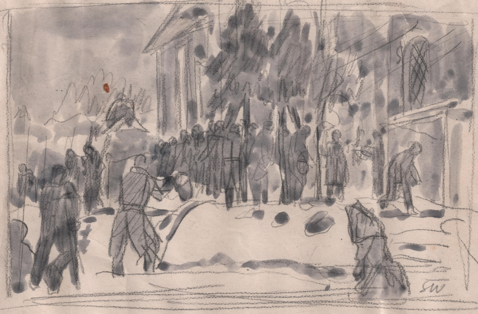 Rysunek ołówkiem, lawowany. Szkicowo narysowane postacie stojące w kolejce, przed wysokim budynkiem