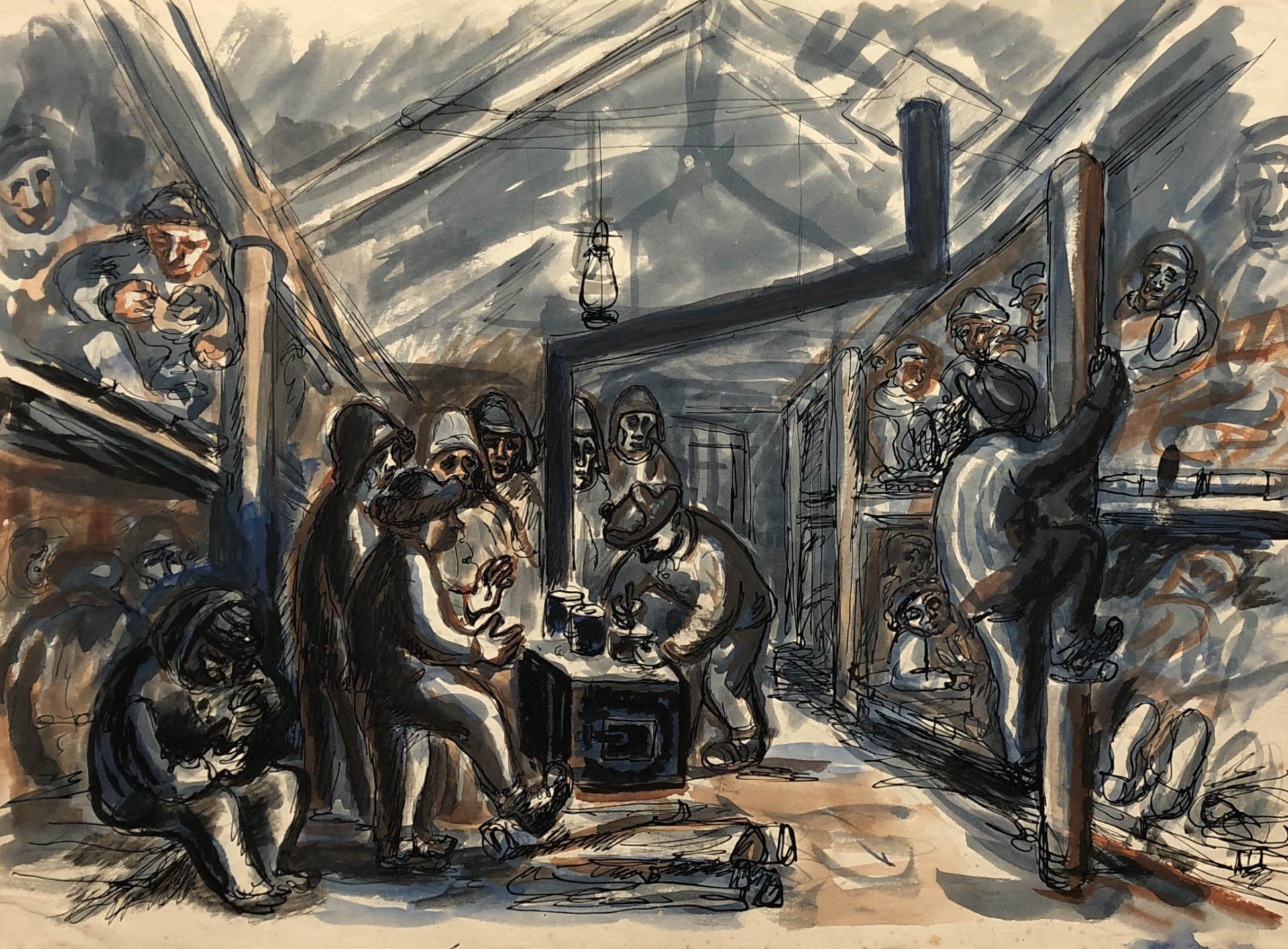 Praca przedstawiająca więźniów w baraku w łagrze w Kożwie. Więźniowie leżą na pryczach oraz ogrzewają się przy piecu. Adam Kossowski, rys. piórkiem, akwarela, praca stworzona w Londynie w 1943 roku.