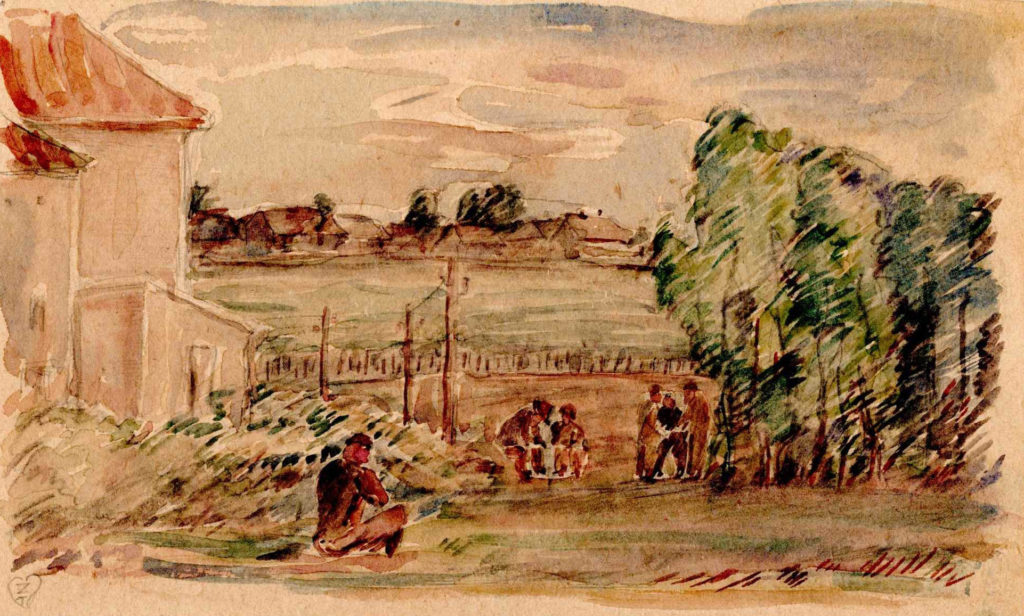 Akwarels. Na piewrszym planie siedzący mężczyzna, zabudowania, łaka, pięć postacie i domy w oddali.