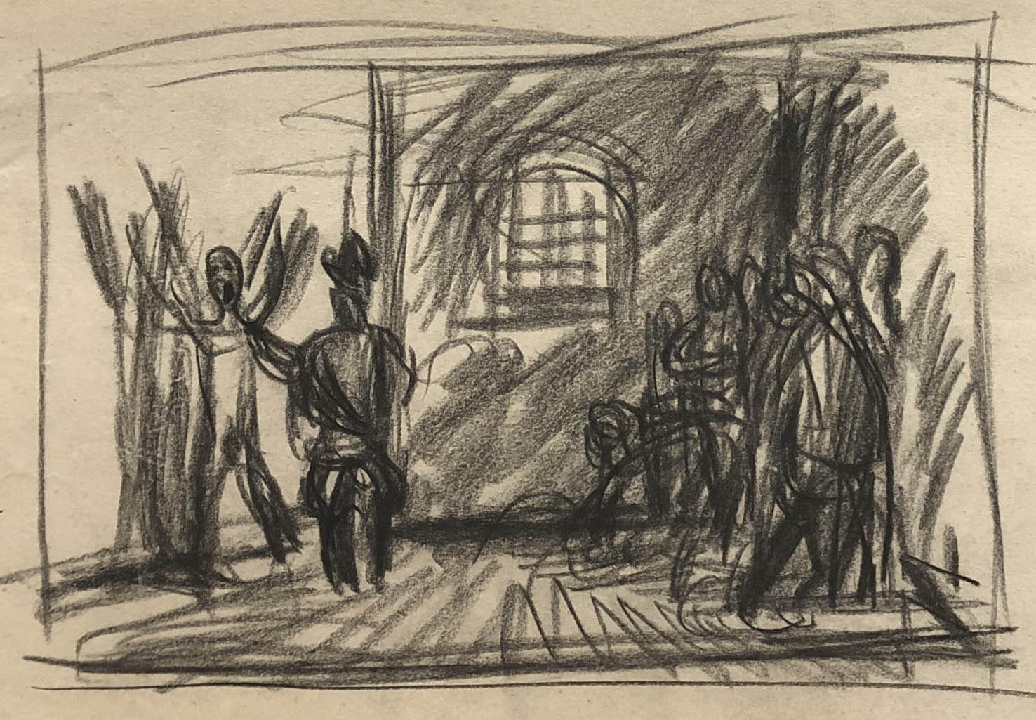 Rysunek ołówkiem. Cela więzienna po prawej stronie kilka postaci pod ścianą, po lewej osoba w mundurze i krzyczący mężczyzna.