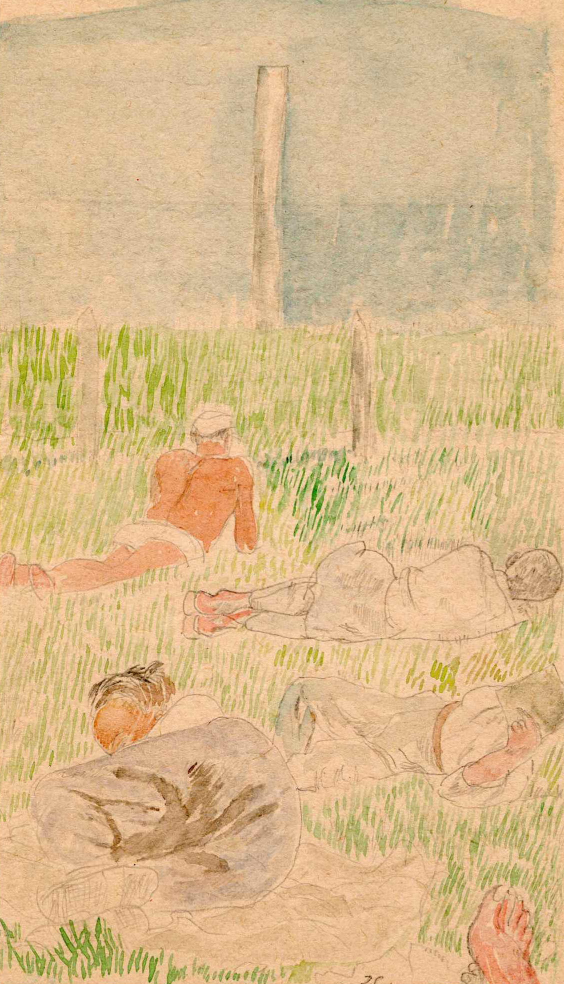 Obraz przedstawiający więźniów leżących na trawie podczas nauki. Józef Czapski, obóz w Griazowcu, lipiec-sierpień 1941