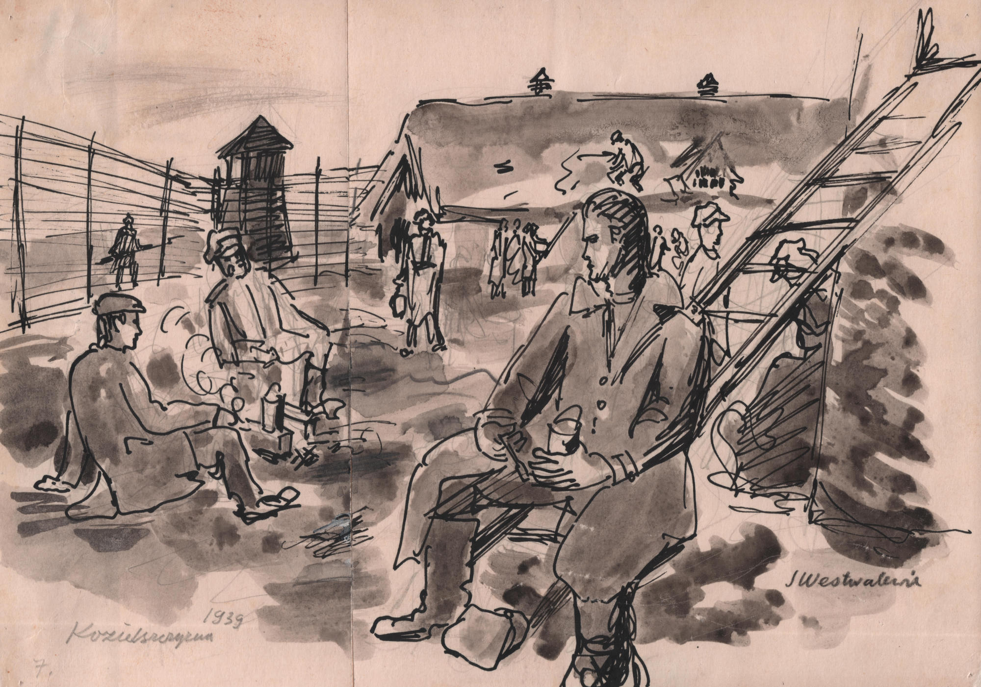 Obraz przedstawiający więźniów spożywających posiłek na powietrzu na terenie obozu. W tle widać ogrodzenie, wieżyczkę strażniczą i budynki. Stanisław Westwalewicz, rys. piórkiem lawowany, obóz w Kozielszczyźnie, 1939