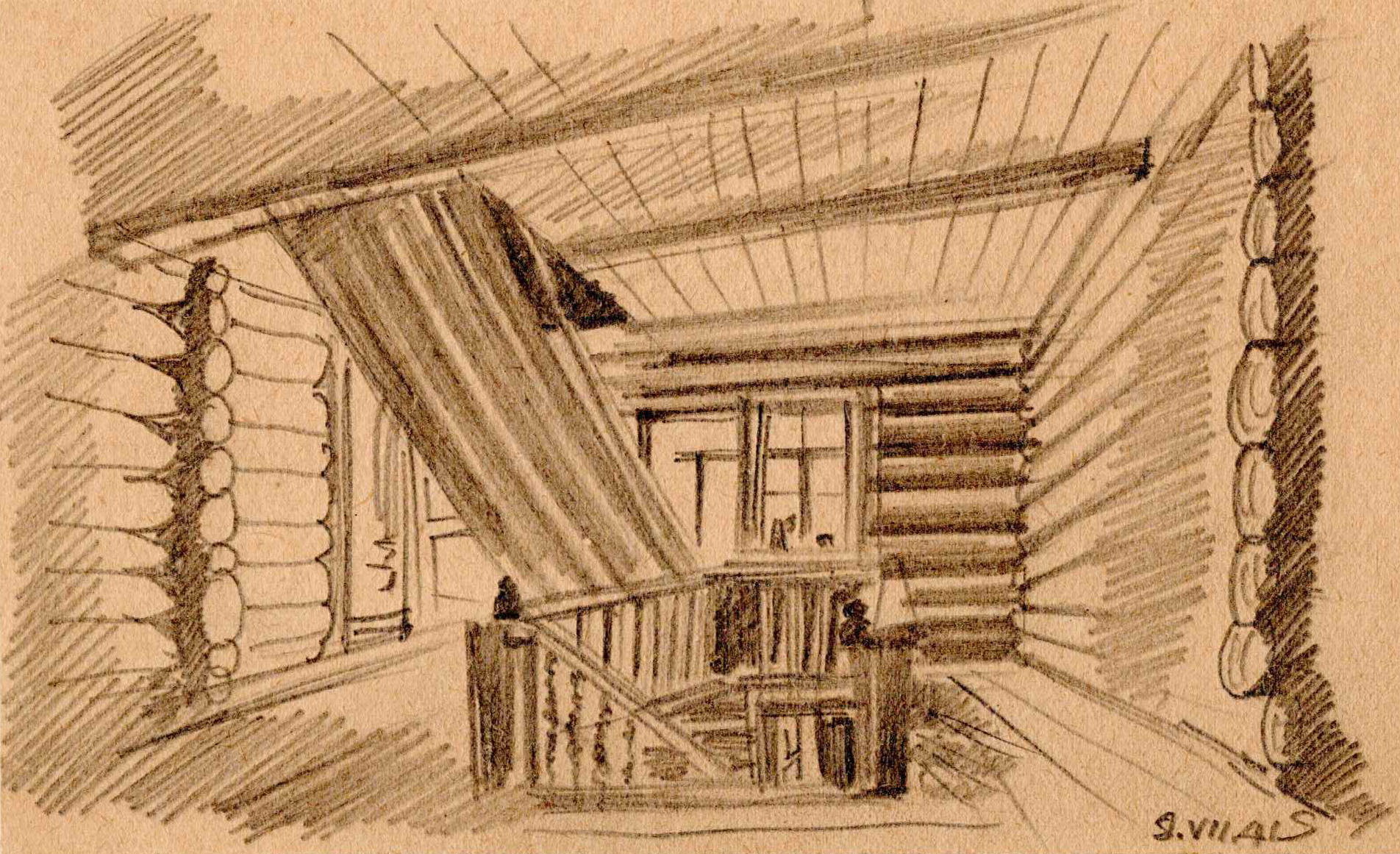 Rysunek ołówkiem. Wnętrze drewnianego pomieszczenia ze schodami.