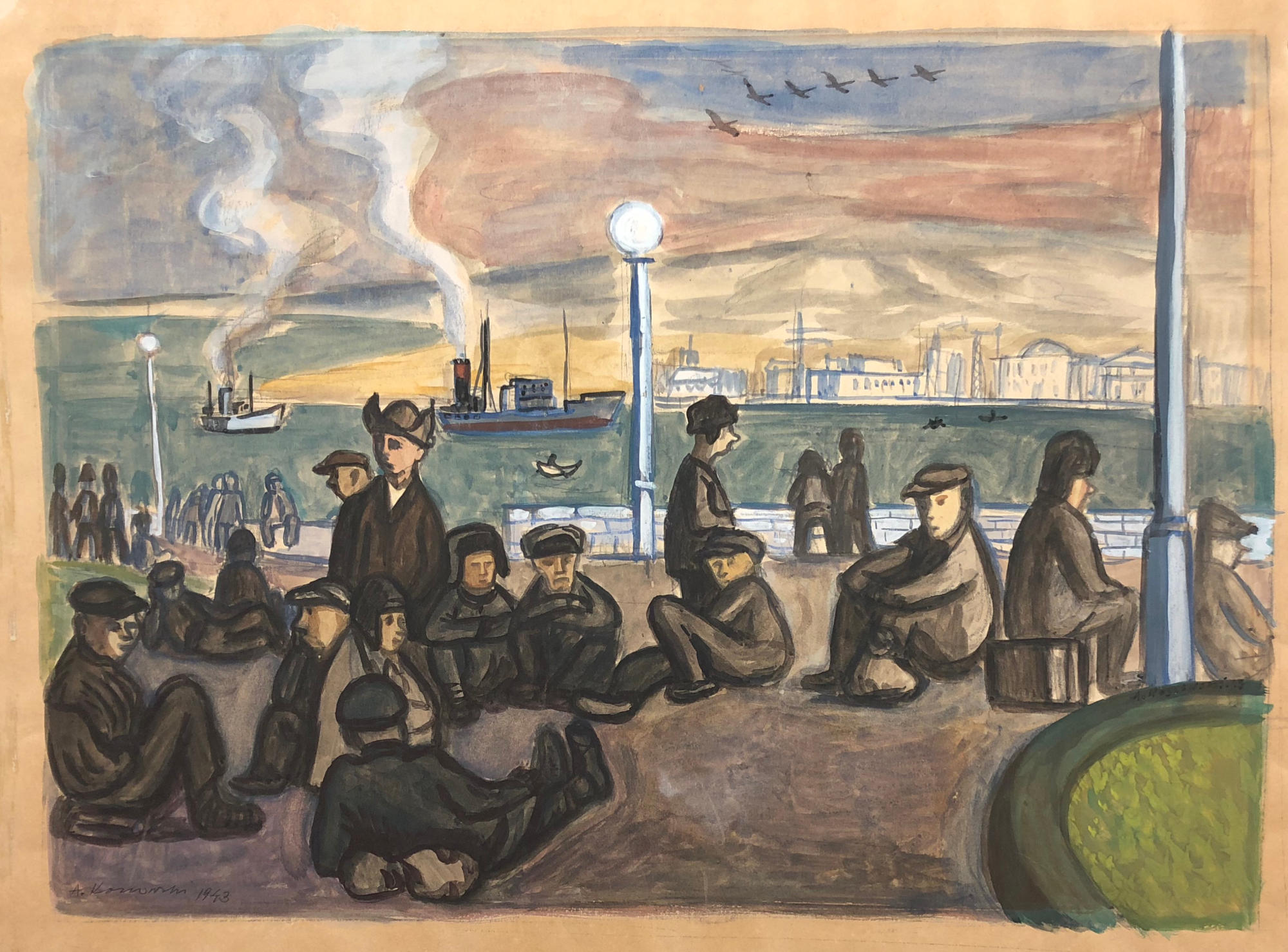 Obraz przedstawiający ludzi czekających na transport na nabrzeżu. Za nimi jest woda, w tle widać statki, z ich kominów wydobywa się dym. Na drugim brzegu widać budynki, a na niebie lecący klucz ptaków sugerujący zbliżającą się zimę. Tempera na papierze, Adam Kossowski, praca stworzona w Londynie w 1943 roku..