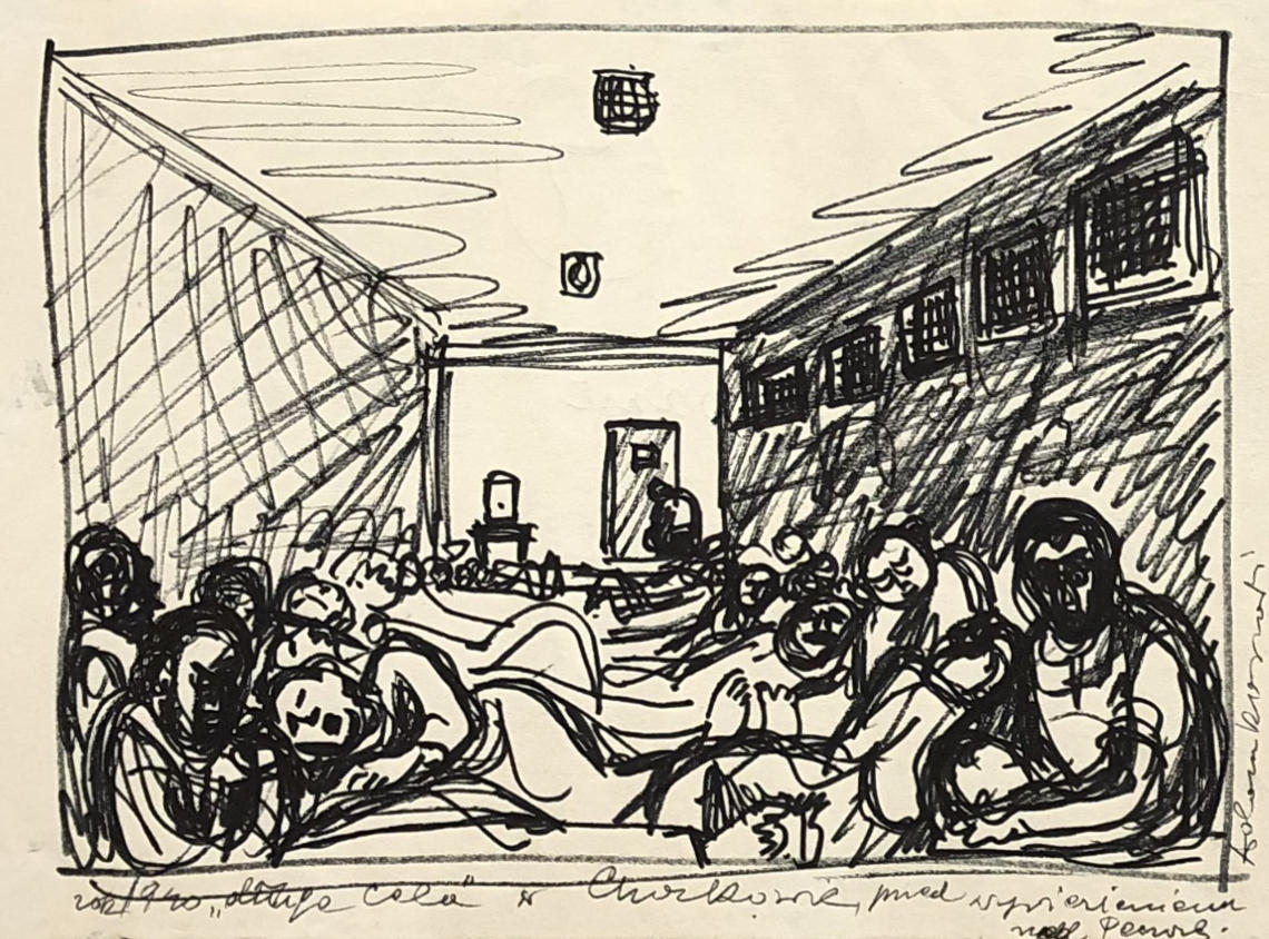 Rysunek przedstawiający więźniów leżących w wieloosobowej, tak zwanej "długiej celi" w więzieniu w Charkowie. Adam Kossowski, praca stworzona w Londynie w 1943 roku.