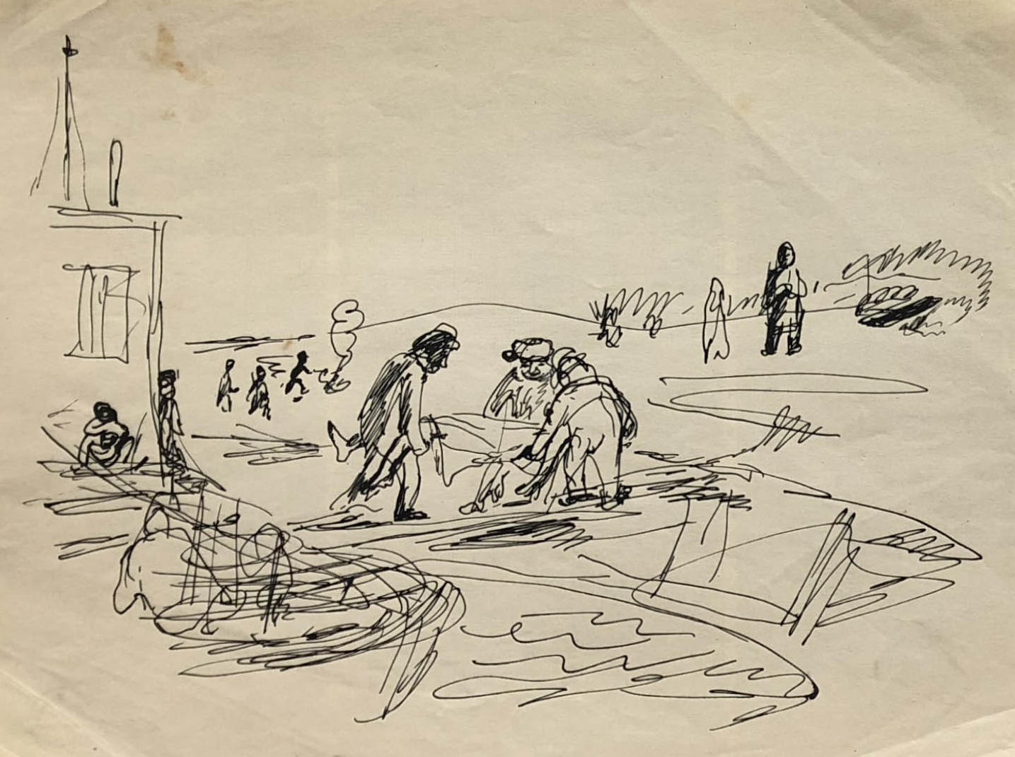 Rysunek przedstawiający ludzi przenoszących ciało. Adam Kossowski, praca stworzona w Londynie w 1943 roku.