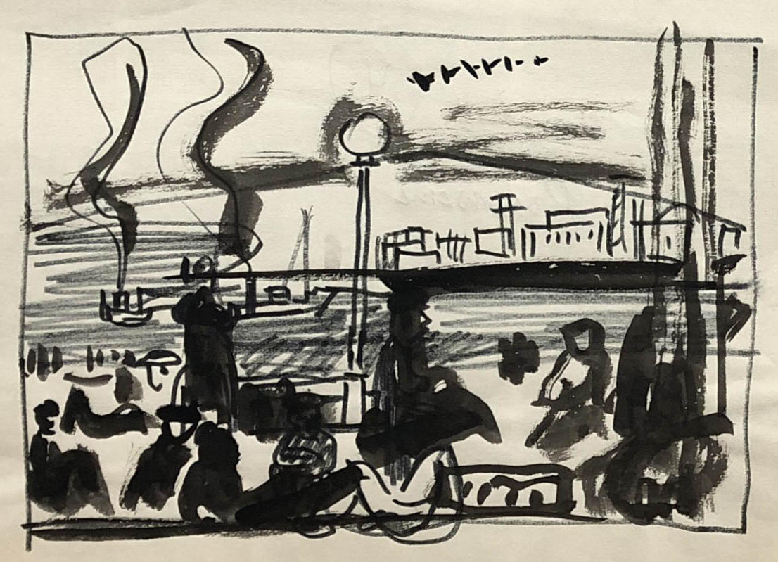 Rysunek tuszem przedstawiający barki śmierci na rzece Peczorze. Adam Kossowski, praca stworzona w Londynie w 1943 roku.