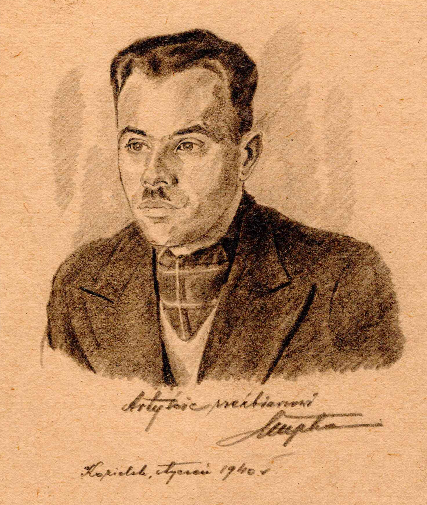 Portret nieznanego mężczyzny narysowany ołówkiem. Franciszek Kupka, obóz w Kozielsku, styczeń 1940