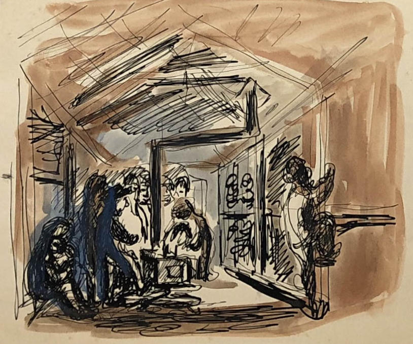 Akwarela przedstawiajaca więźniów w baraku, którzy grzeją się przy piecu. Jeden z więźniów wdrapuje się na pryczę. Obóz w Kożwie nad Peczorą, Adam Kossowski, praca stworzona w Londynie w 1943 roku.
