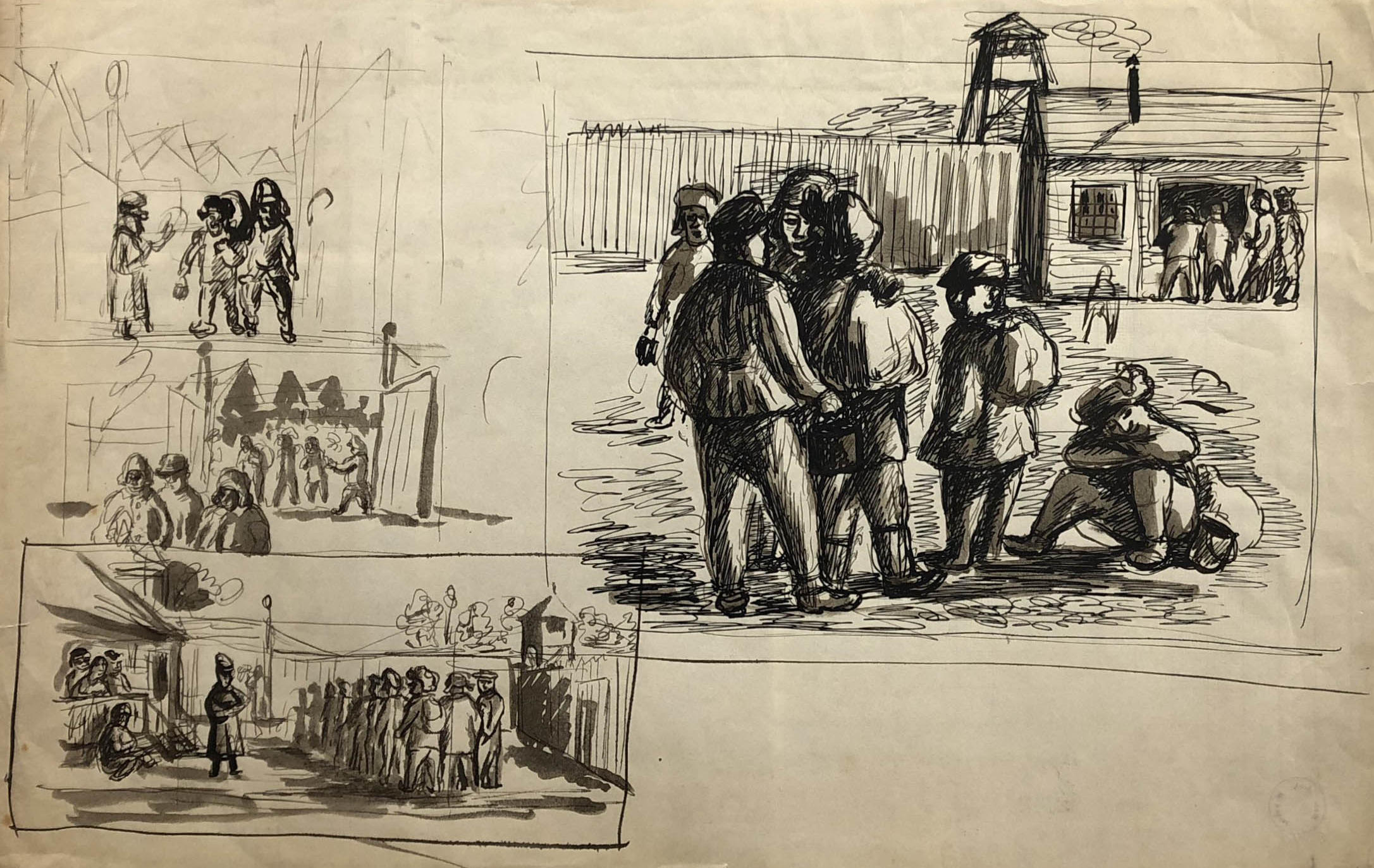 Rysunki przedstawiające codzienność w łagrze. Adam Kossowski, rys. piórkiem, praca stworzona w Londynie w 1943 roku.