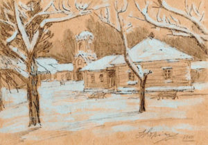 Rysunek ołówkiem i temperą. Drewniane zabudwania, na pierwszym planie drzewa, śnieg.