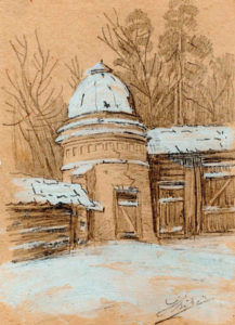 Rysunek ołówkiem i temperą. Zabudowania z okragłą wieżyczką, śnieg.